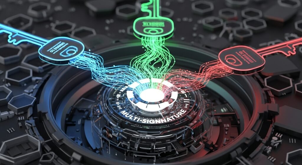 여러 개의 디지털 열쇠가 하나의 금고를 동시에 열어 승인하는 다중 서명 보안 과정 이미지